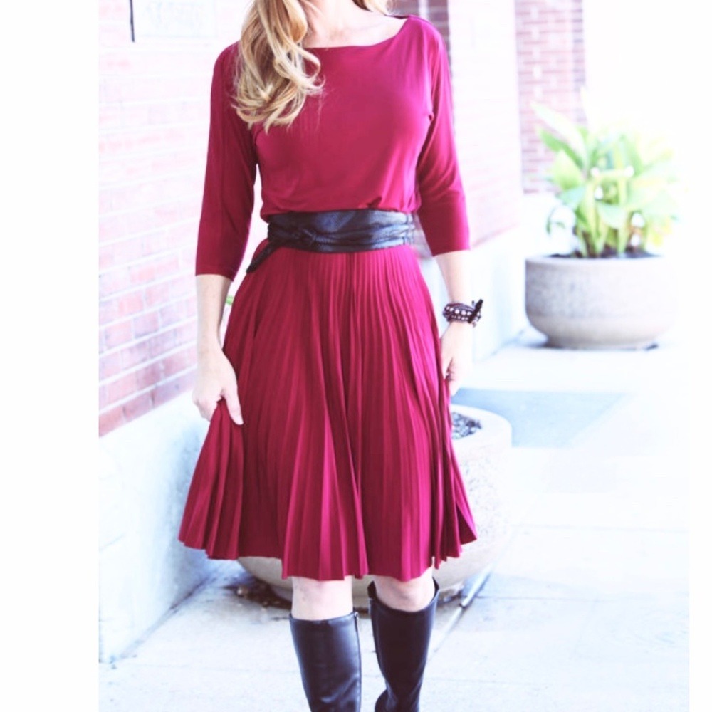 White House Black Market Pleated‎ Dolman Dress, Womens 12 Burgundy